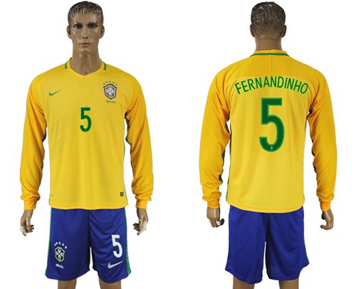 Brazil #5 Fernandinho Home Long Sleeves Soccer Country Jersey - Click Image to Close